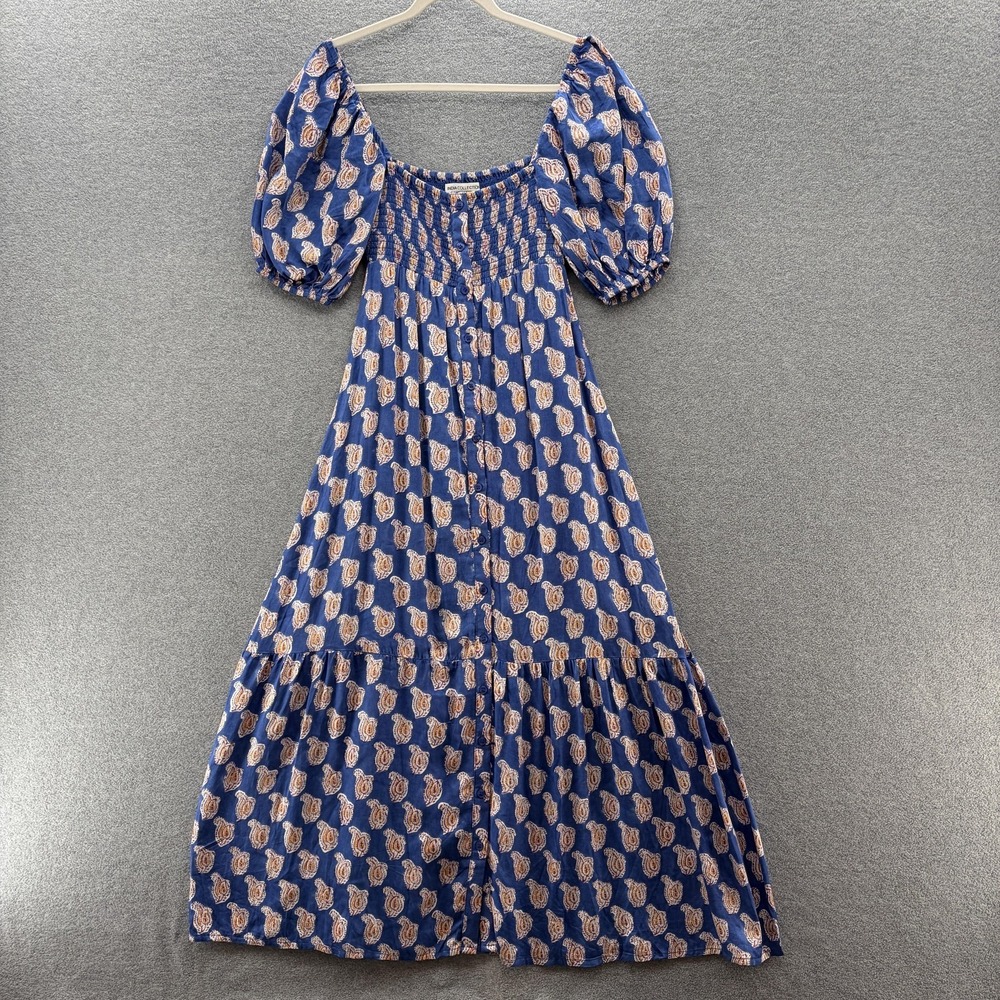 Emerson Fry Dress XS Blue Paisley Block Print Smocked Puff Sleeve Maxi Sundress